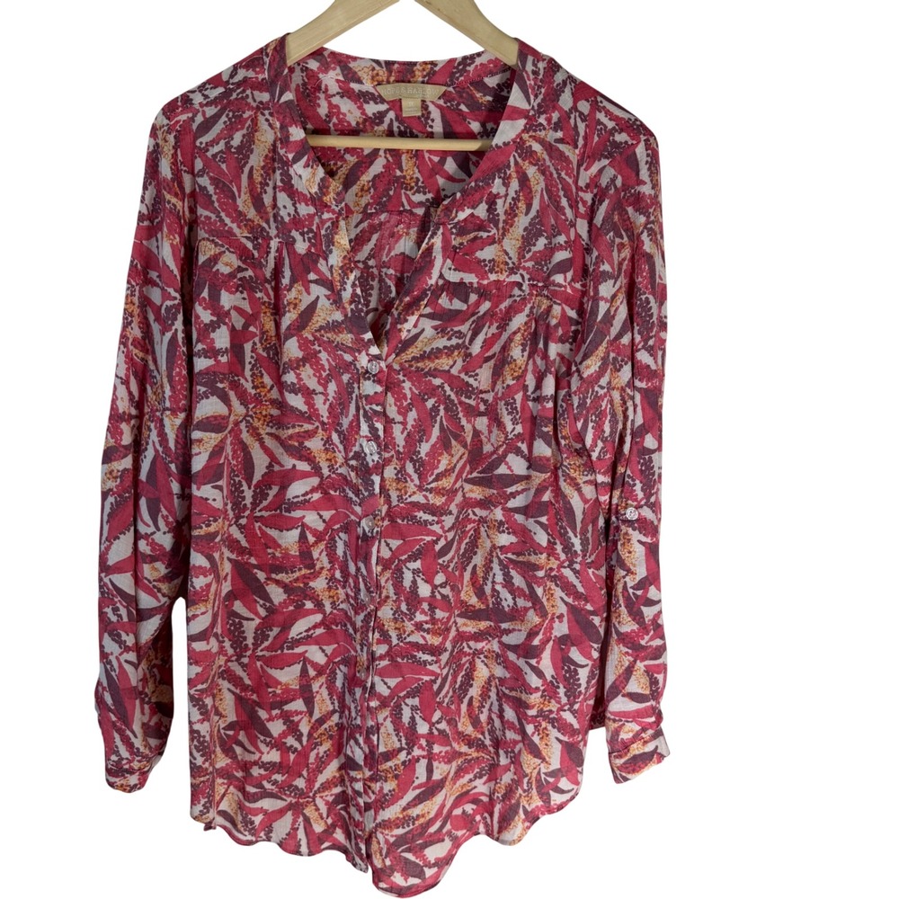 Hope & Harlow‎ Woman Pink Leaf Print Roll Tab Sleeve Button Down Blouse 1X